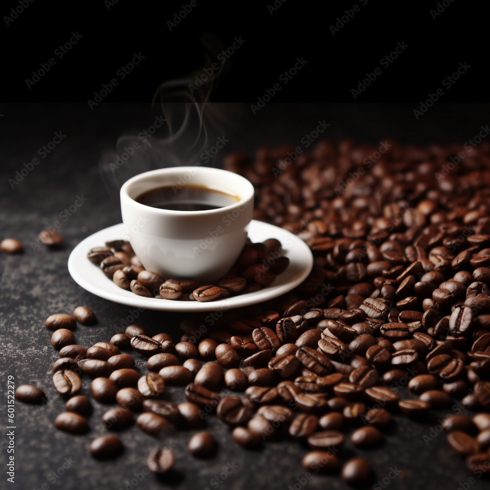 Cup of black coffee on background with roasted coffee beans, Created using generative AI tools. Cup of black coffee on background with roasted coffee beans, Created using generative AI tools.