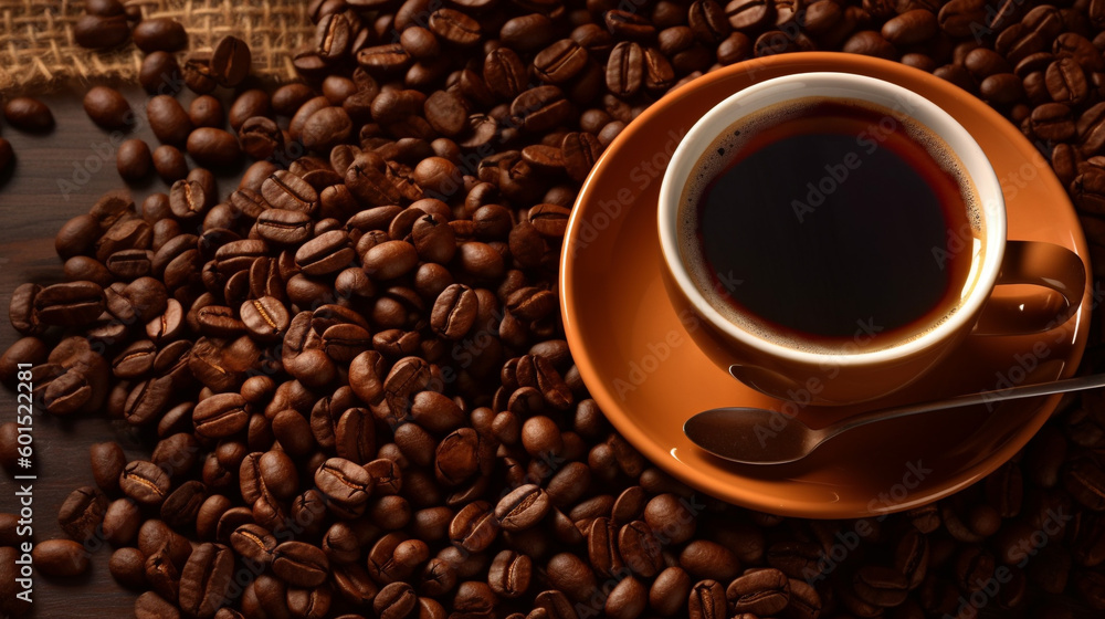 Cup of black coffee on background with roasted coffee beans, Created using generative AI tools. Cup of black coffee on background with roasted coffee beans, Created using generative AI tools.