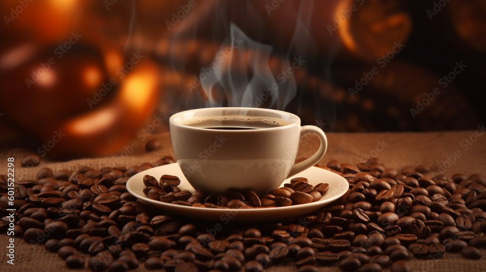 Fototapeta premium Cup of black coffee on background with roasted coffee beans, Created using generative AI tools.