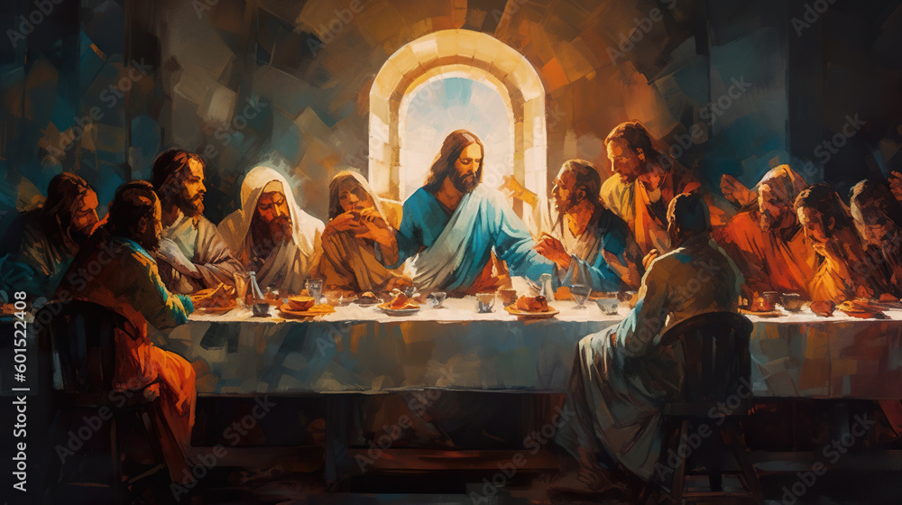 A painting of the last supper of jesus. Generative AI. - obrazy, fototapety, plakaty 