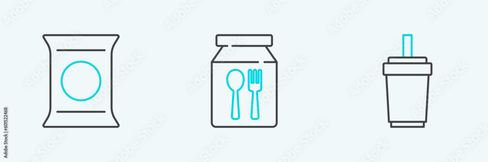 Fototapeta premium Set line Paper glass with straw, Bag or packet potato chips and Online ordering and delivery icon. Vector