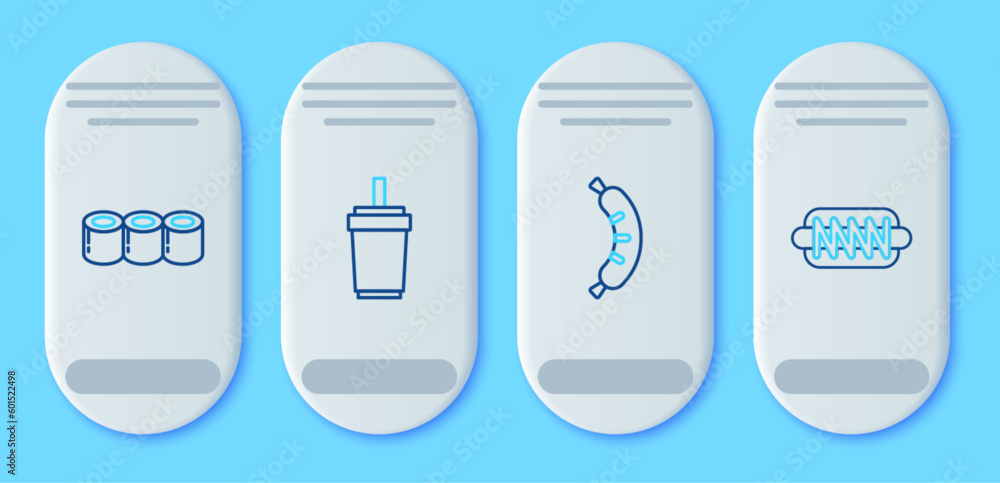 Set line Paper glass with straw, Hotdog, Sushi and sandwich icon. Vector