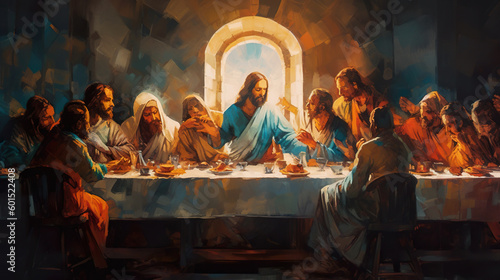 Fotografija A painting of the last supper of jesus. Generative AI.