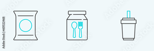 Set line Paper glass with straw, Bag or packet potato chips and Online ordering and delivery icon. Vector