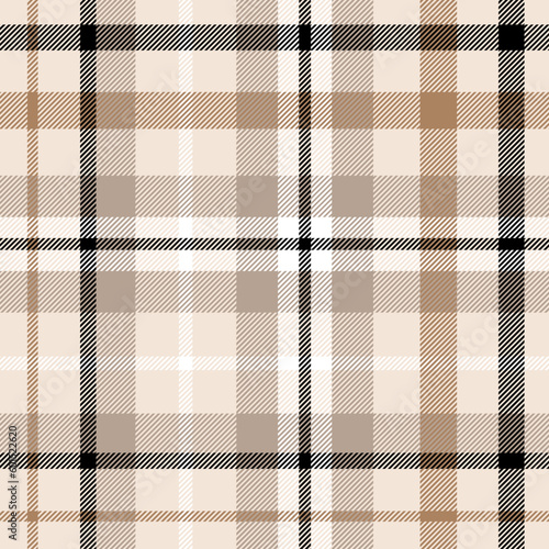 Plaid seamless pattern. Repeating tartan neutral color. Check design for prints. Repeated scottish flannel. Madras fabric. Abstract wool patterned. Repeat monochrome ekose woven. Vector illustration
