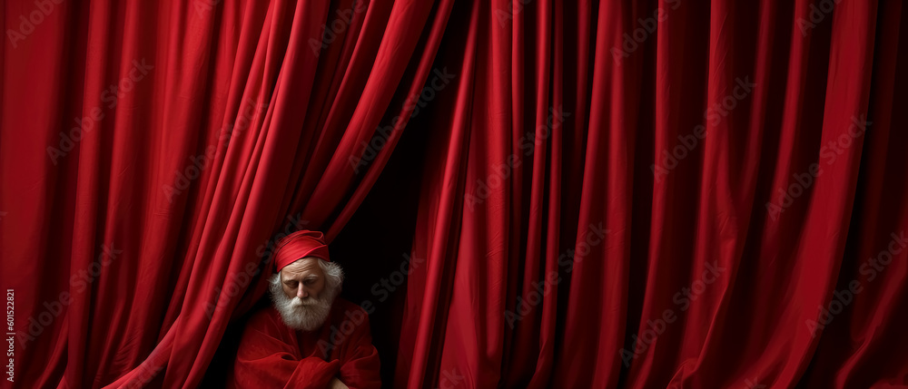 Christmas luxurious wrapping cloths, luxurious drapery, theatrical style, Santas colors, light crimson and black. Generative AI.