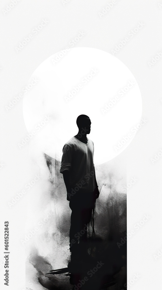 A black and white photo of a man standing in the fog. Generative AI.
