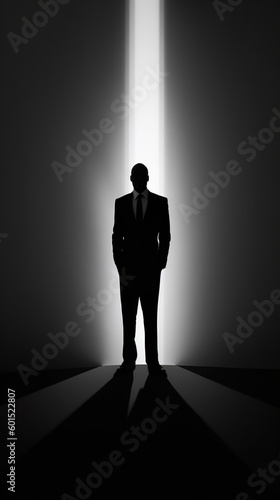 A man in a suit standing in front of a light beam. Generative AI.