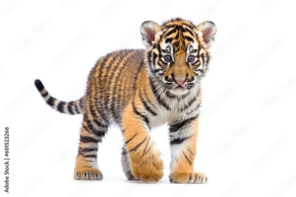 Obraz premium cute tiger cub walking on a white background Generative AI