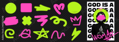 A set of graffiti figures in a negligent style. On a transparent background as png. Bright neon shapes. With collage poster about feminism. God is a woman. Contemporary flyer. Vector element pack