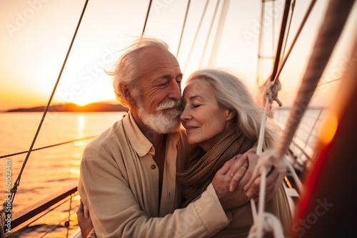 Happy senior Caucasian, European couple in love enjoying a romantic sunset on yacht in the sea, Generative AI