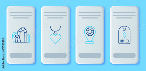 Set line Necklace with heart shaped pendant, Jewelry store, Gem stone and Price tag dollar icon. Vector