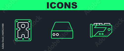 Set line Video graphic card, Hard disk drive HDD and Server, Data, Web Hosting icon. Vector