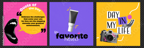 A set of templates for social networking posts. Open Mouth with Quote of the Day. My favorite product. A day in my life. Ideas for content. Vector collage style.