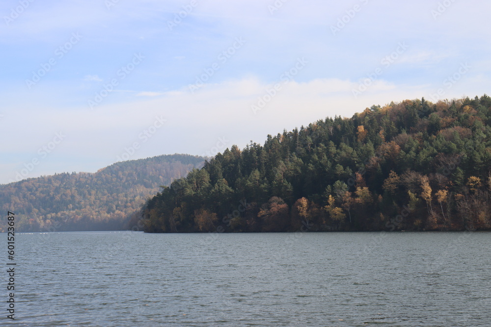 embankment of a beautiful lake with mixed forest on the other side of the water embankment of a beautiful lake with mixed forest on the other side of the water