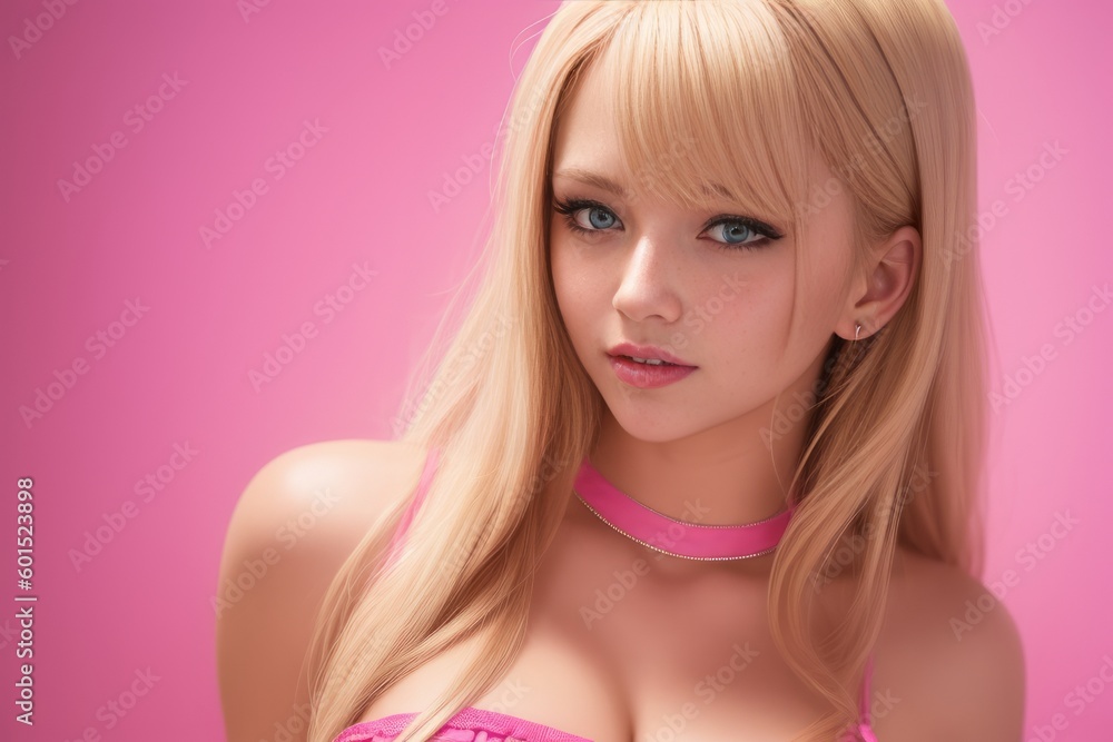 Close up Portrait of shiny sweet lady dressed in pink fashion top on pink pastel color background. Beautiful sexy woman with blond hair and in attractive blouse poses for a picture. Generative AI Close up Portrait of shiny sweet lady dressed in pink fashion top on pink pastel color background. Beautiful sexy woman with blond hair and in attractive blouse poses for a picture. Generative AI