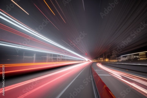 Car motion trails. Speed light streaks background with blurred fast moving light effect, blue purple colors. Racing cars dynamic flash effects city road with long exposure night lights. Generative AI