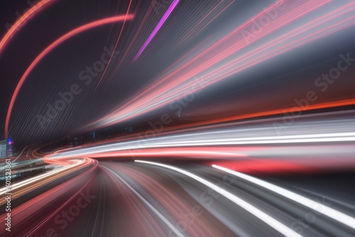 Light motion trails. Speed light streaks with blurred fast moving light effect  red white colors on black. Racing cars dynamic flash effects city road with long exposure night light. Generative AI