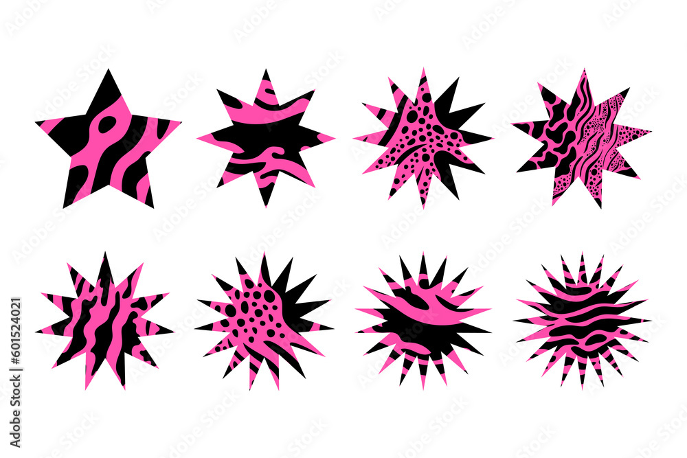 Set of abstract different shapes of stars with animal skin texture hot
