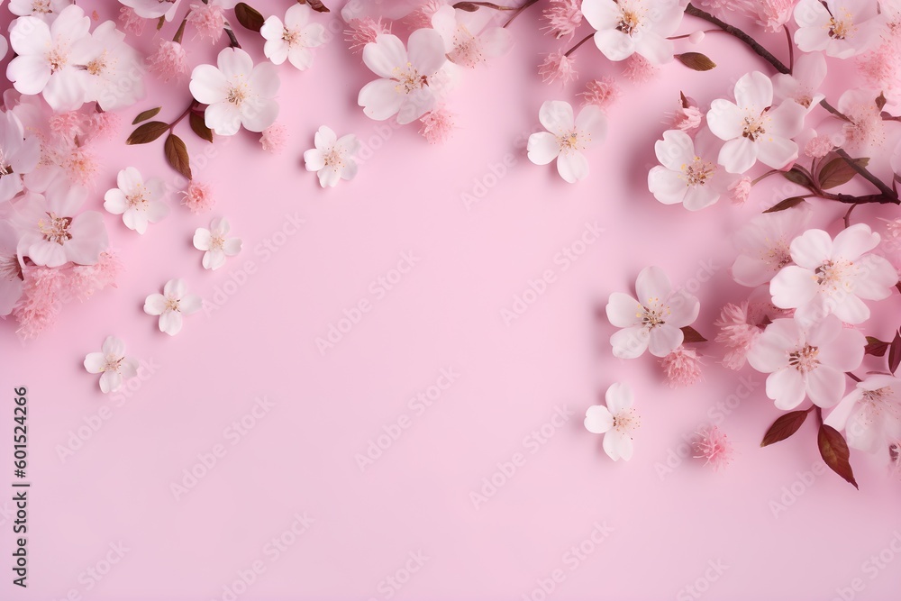 Apple or cherry blossoms and petals on pink background with copy space, top view. Flower composition. Generative AI.