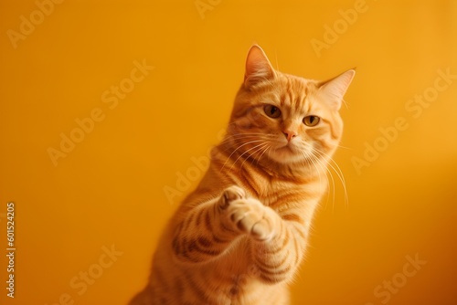 Funny ginger cat with raised front paws on orange background, copy space. Generative AI.