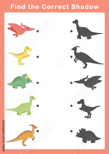Shadow matching game for kids. Find the correct shadow. Educational game for children. Find and match the right shadow of dinosaurs.