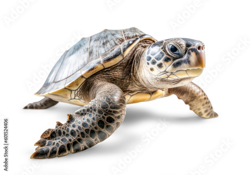 beautiful large sea turtle onshore / on land / on the beach isolated over a transparent background, cut-out wildlife or exotic animal design element with subtle shadow, generative AI