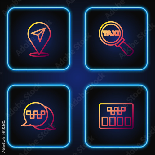 Set line Taximeter, call telephone service, Location and Magnifying glass and taxi car. Gradient color icons. Vector