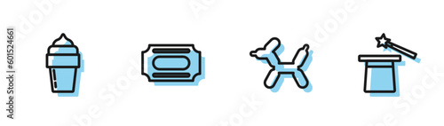 Set line Balloon dog, Ice cream, Circus ticket and Magic hat and wand icon. Vector