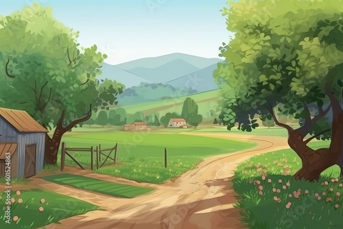 scenic countryside with a rustic barn at the end of a dirt road Generative AI
