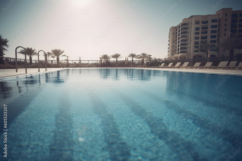 Swimming pool at the hotel's seaside resort. Generative AI