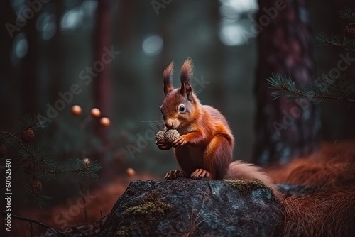 cute squirrel perched on a mossy rock in a forest setting Generative AI © AkuAku