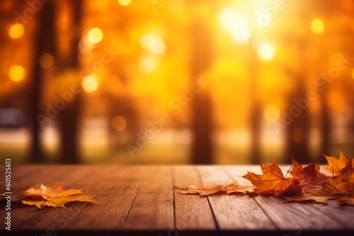 Autumn Wooden Table_With Orange Leaves At Sunset