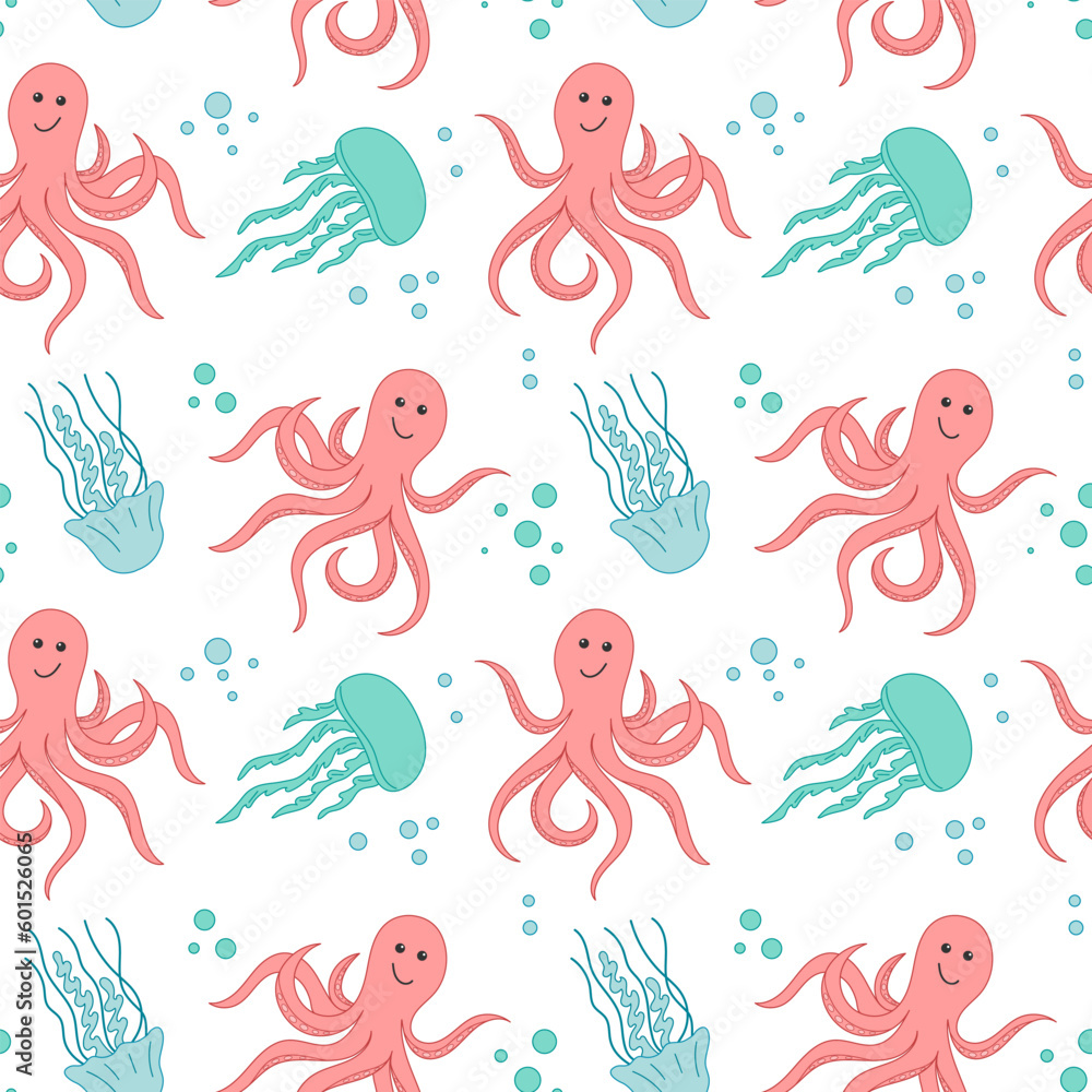 Seamless pattern of the underwater world. Cartoon octopus and jellyfish background. Summer cute nautical illustration for covers, fabric print, wallpapers, brochures