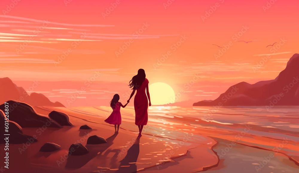 Mother and child walking hand in hand on a beach at sunset on Mother's Day.