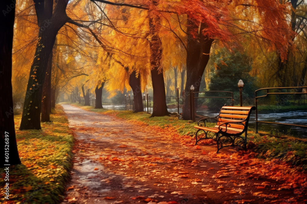 Empty bench in autumn park, fall landscape, AI Generated