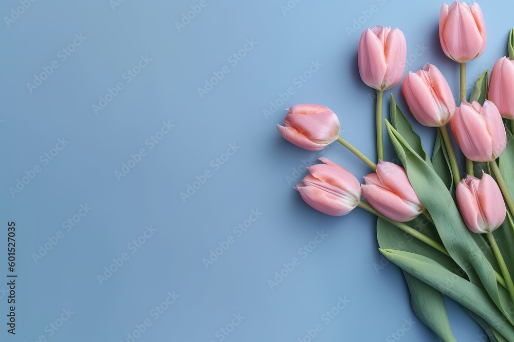 Spring tulip flowers on blue background 