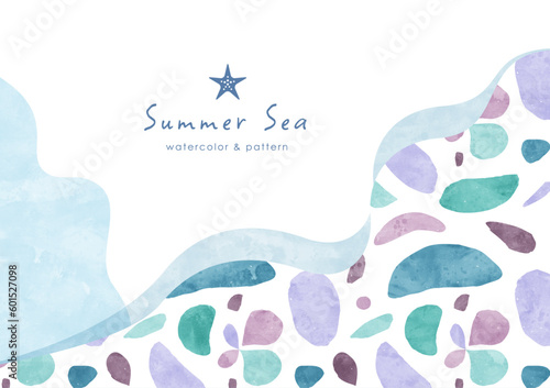夏の海の水彩背景フレーム 抽象的な貝殻やサンゴ礁のパターンと波模様