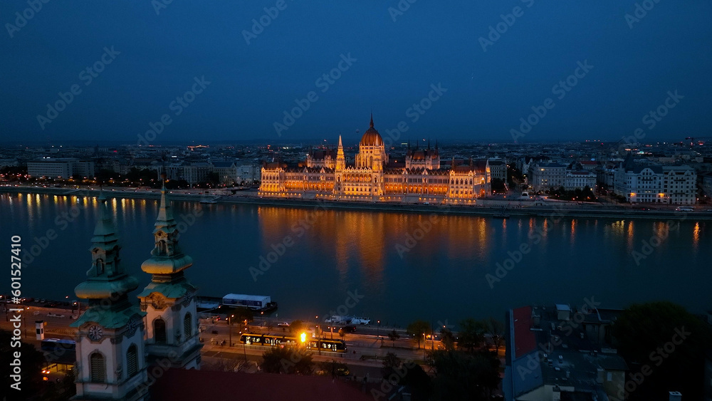 Aerial view of Budapest Hungarian Parliament Building at night. Travel, tourism and European Political Landmark Destination, Hungary