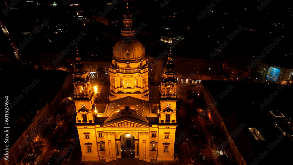 Aerial view of Budapest city and St. Stephen's Basilica at night, Hungary