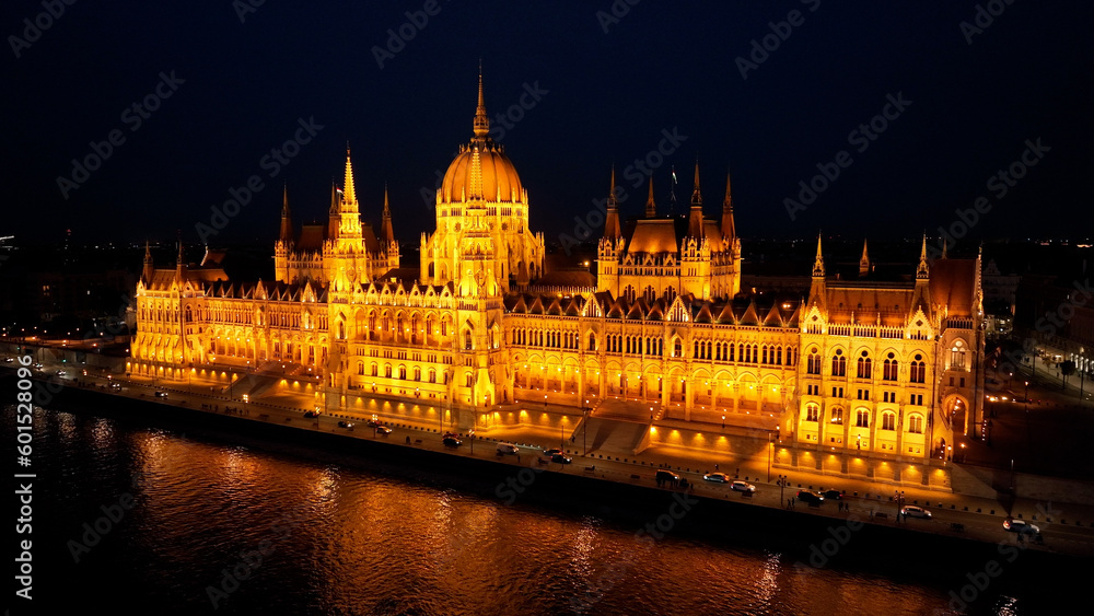 Aerial view of Budapest Hungarian Parliament Building at night. Travel, tourism and European Political Landmark Destination, Hungary Aerial view of Budapest Hungarian Parliament Building at night. Travel, tourism and European Political Landmark Destination, Hungary