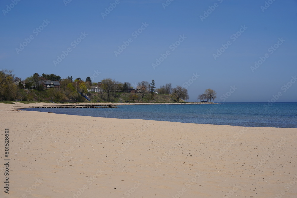 Beach shoreline to Lake Michigan in Sheboygan, Wisconsin