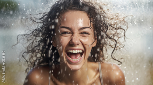 A laughing young woman splashed with water on a hot summer day © AltPix