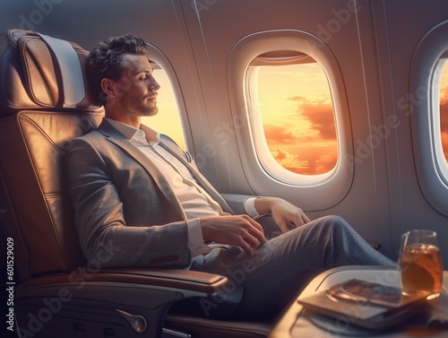 Successful businessman an attractive man in suit flying in exclusive private jet. Luxury lifestyle. Generative Ai technology. © Irina