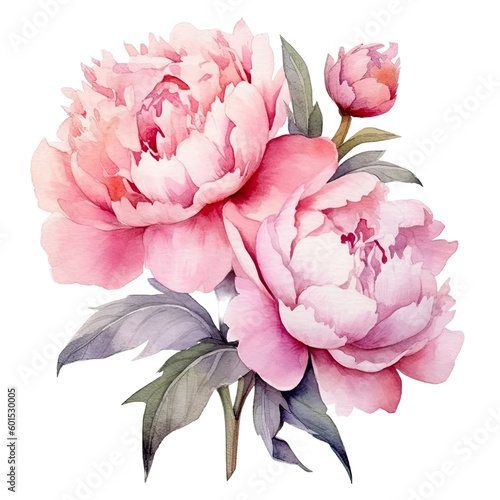 Fototapeta Naklejka Na Ścianę i Meble -  Peonies Watercolor Illustration Beautiful Isolated Flowers Floral Decoration