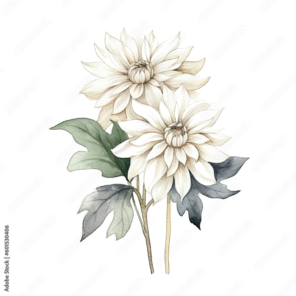 Dahlia Dahlias Watercolor Illustration Beautiful Isolated Flowers Floral Decoration