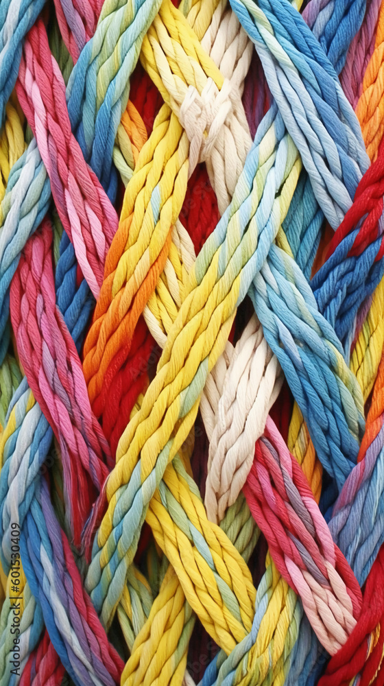 A pattern of multicoloured ropes and twines twisted. AI generative