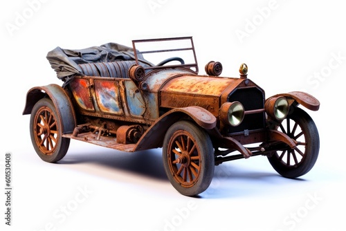 An antique car with a rusty body on a white background
