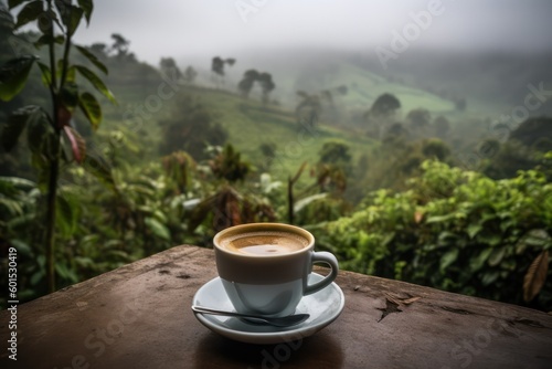 a cup of freshly brewed coffee against the backdrop of a forest mountain landscape. Generative AI