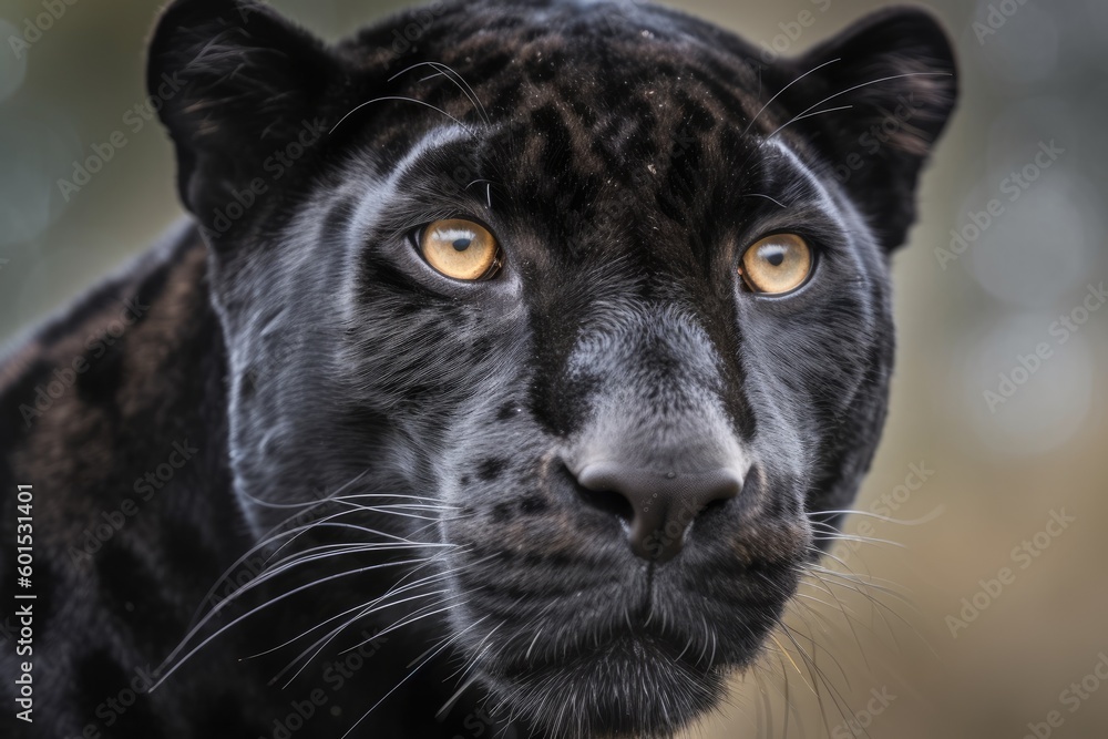 close-up view of a black leopard with piercing yellow eyes Generative AI